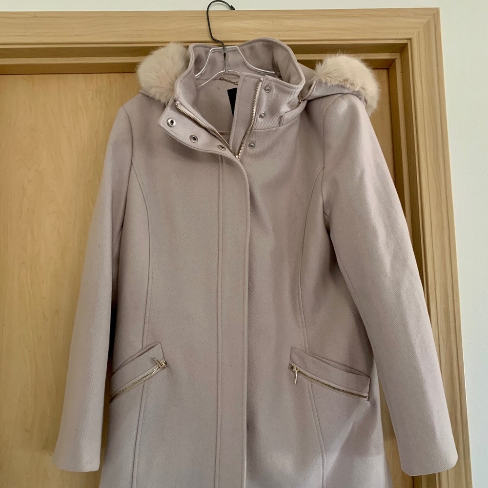 Ivanka Trump Tan/Beige Wool Coat Faux Fur Hood Size 12